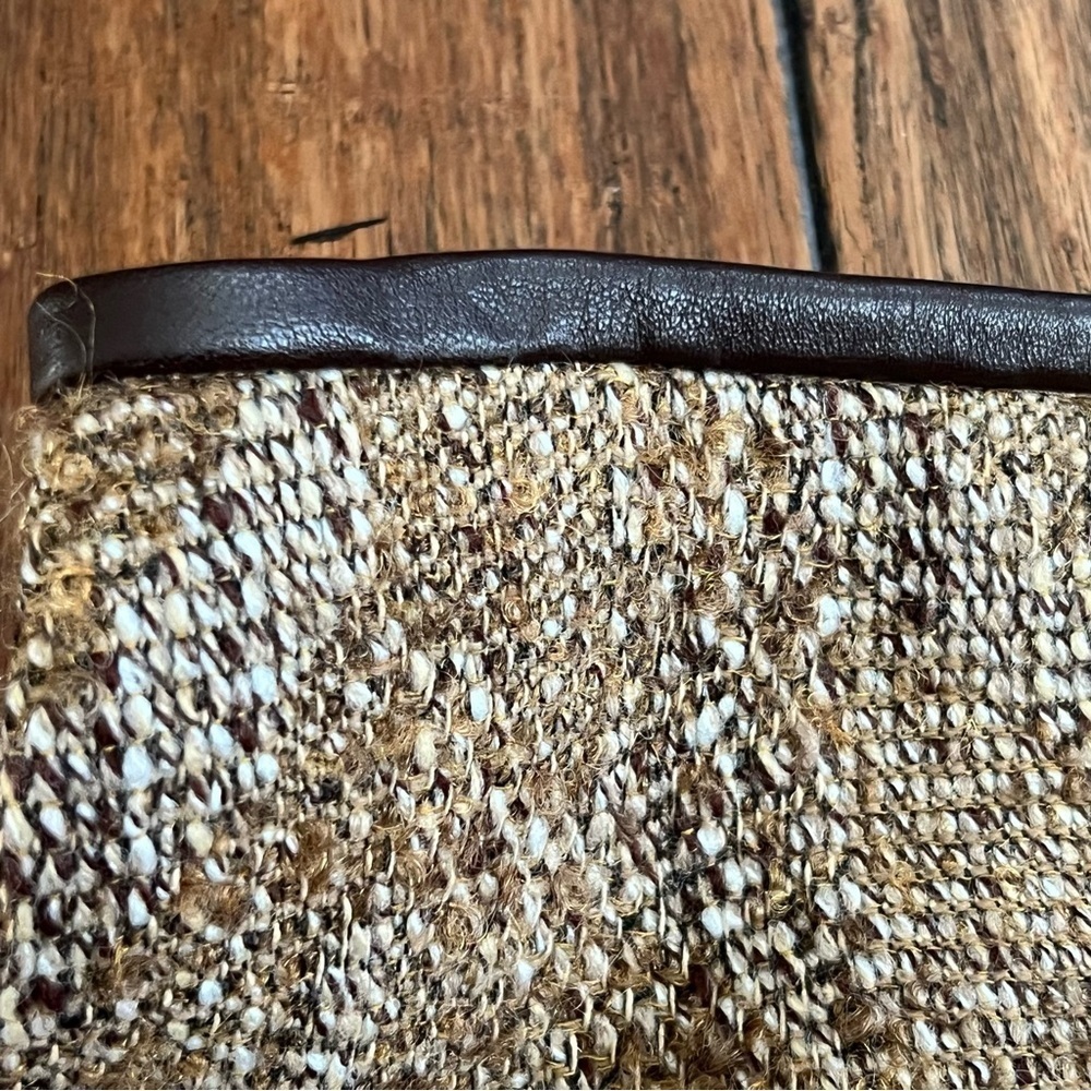 Classic Wool Tweed Mini Skirt Leather Trim 6 Gold Tan Brown Career Office Chic - Picture 5 of 14